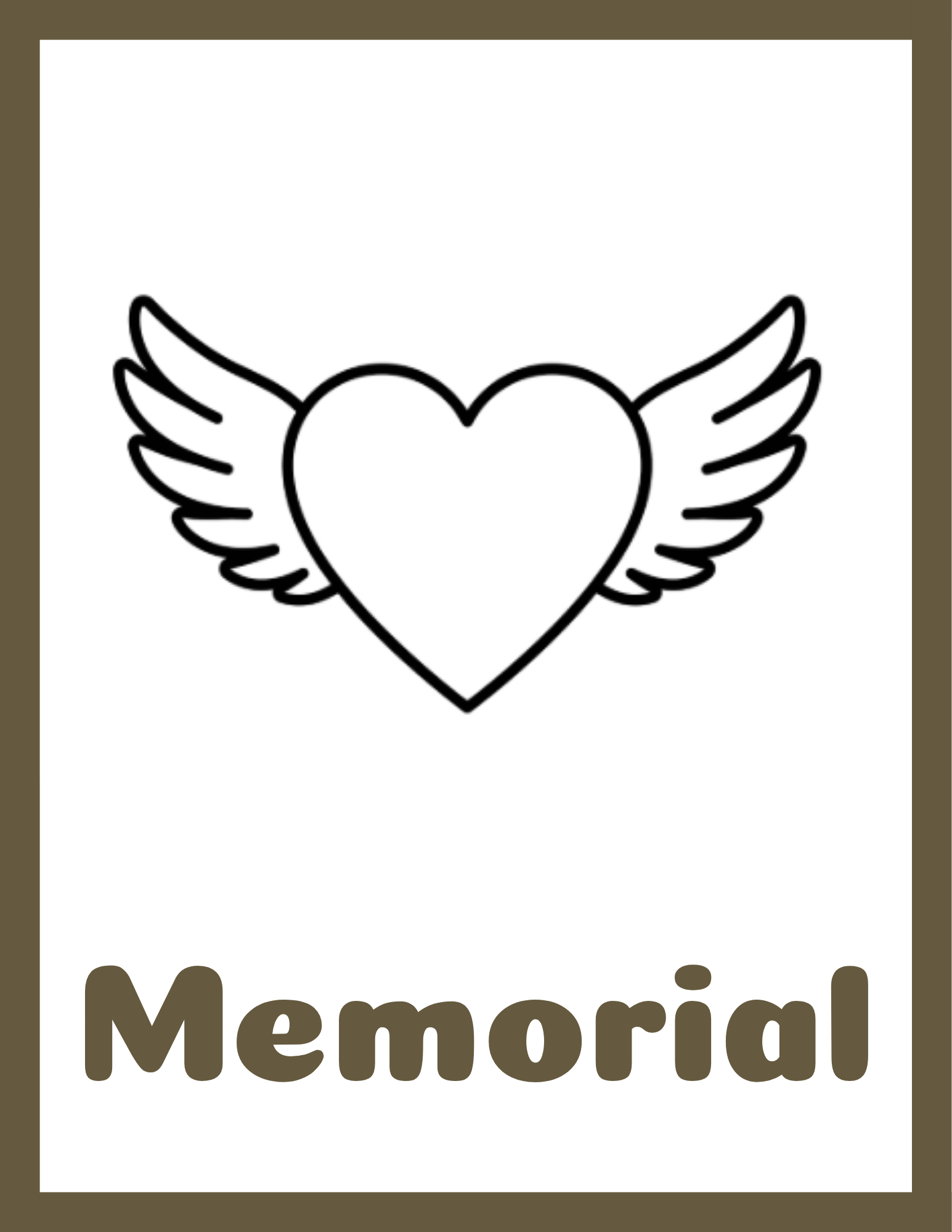 A memorial card with a heart and wings graphic, and the word "Memorial" written at the bottom.