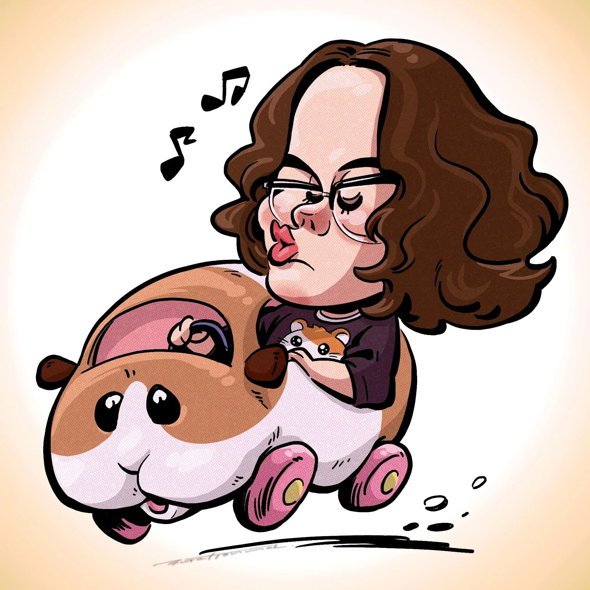 A cartoon girl with curly brown hair and glasses, wearing a black T-shirt with a hamster illustration, is playing with a toy car while sitting on the floor. There are small black dots around her as if she is moving quickly.