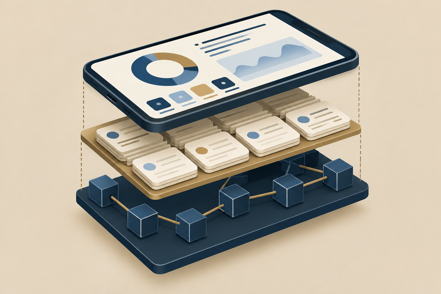 Crypto app dashboard layered above exchange records and blockchain activity