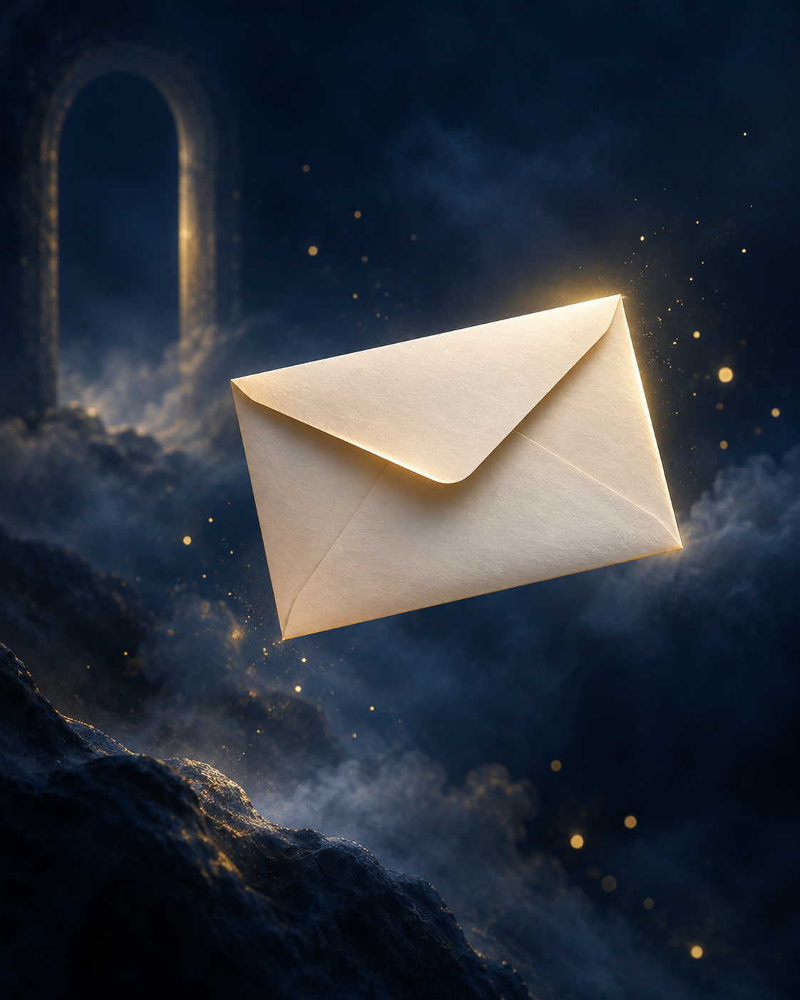 Cream envelope illuminated with gold light against an ultramarine atmospheric background.