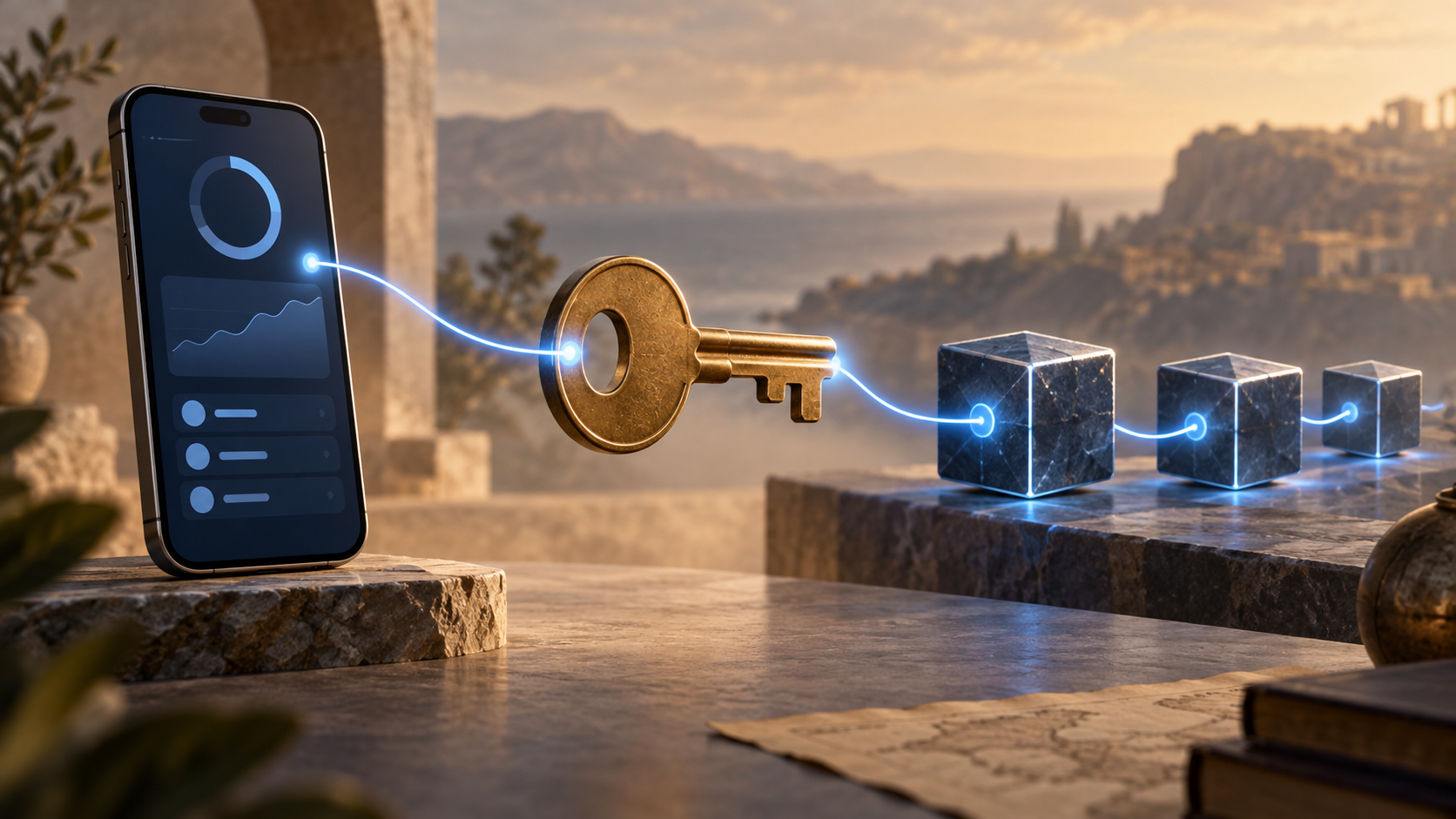 Phone, key, and blockchain layers illustrating where crypto is stored