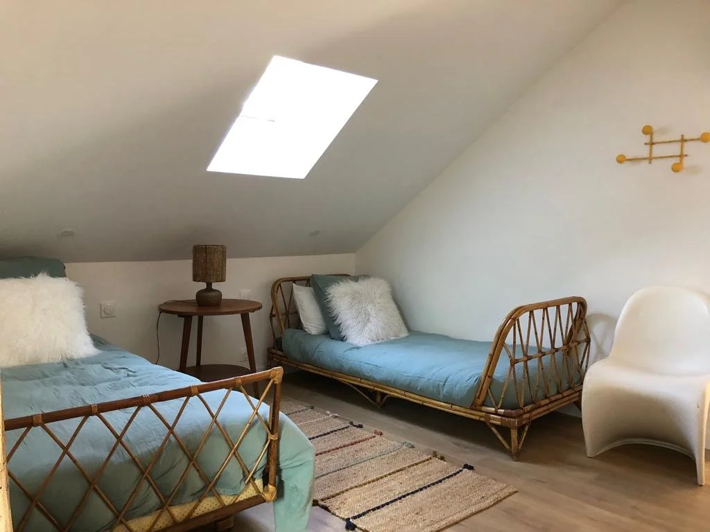 Chambre avec deux lits en rotin, un tapis en jute, un lampadaire, une chaise blanche et une vue d'un lucarne au plafond.