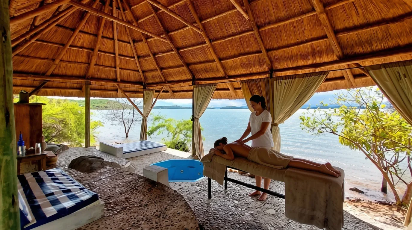 A guest enjoying a relaxing massage beneath a traditional thatched pavilion overlooking Lake Tanganyika at Lake Shore Lodge, Tanzania.