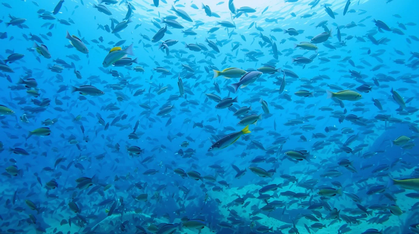 Large school of colorful fish swimming underwater in clear blue ocean water