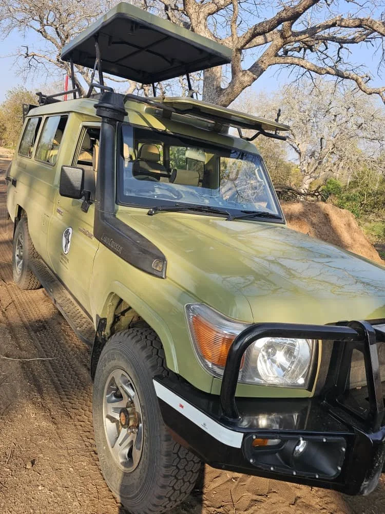Olive-green safari Land Cruiser with raised viewing roof and snorkel, parked on a sandy track in the Tanzanian bush.