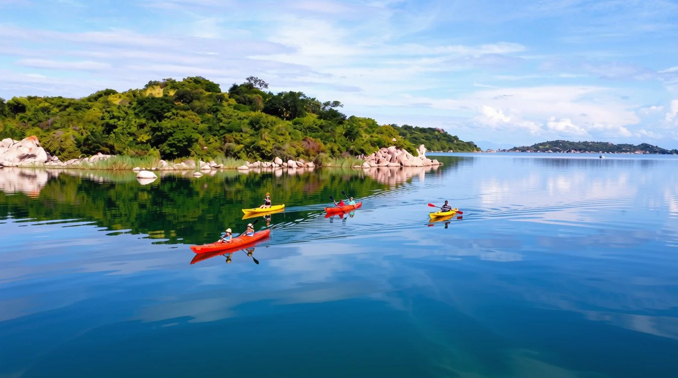 Guests kayaking through the Kipili Archipelago on Lake Tanganyika, Tanzania