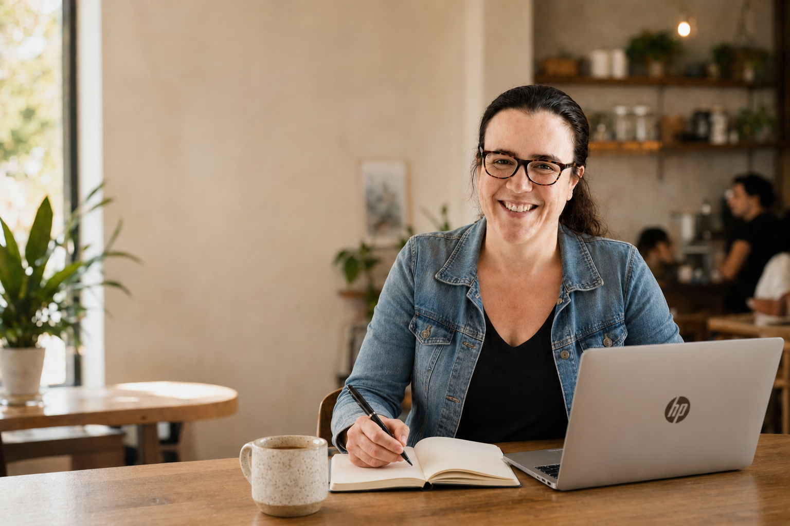 A woman with glasses, wearing a denim jacket, sitting at a wooden table in a coffee shop, smiling, with a laptop, notebook, pen, and a coffee mug in front of her.