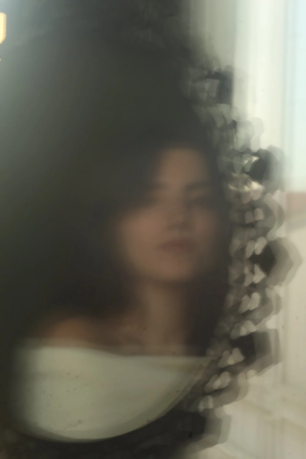 Blurred image of a woman's face with curly hair, reflected in a mirror, with a decorative wrought iron or metal design in the background.