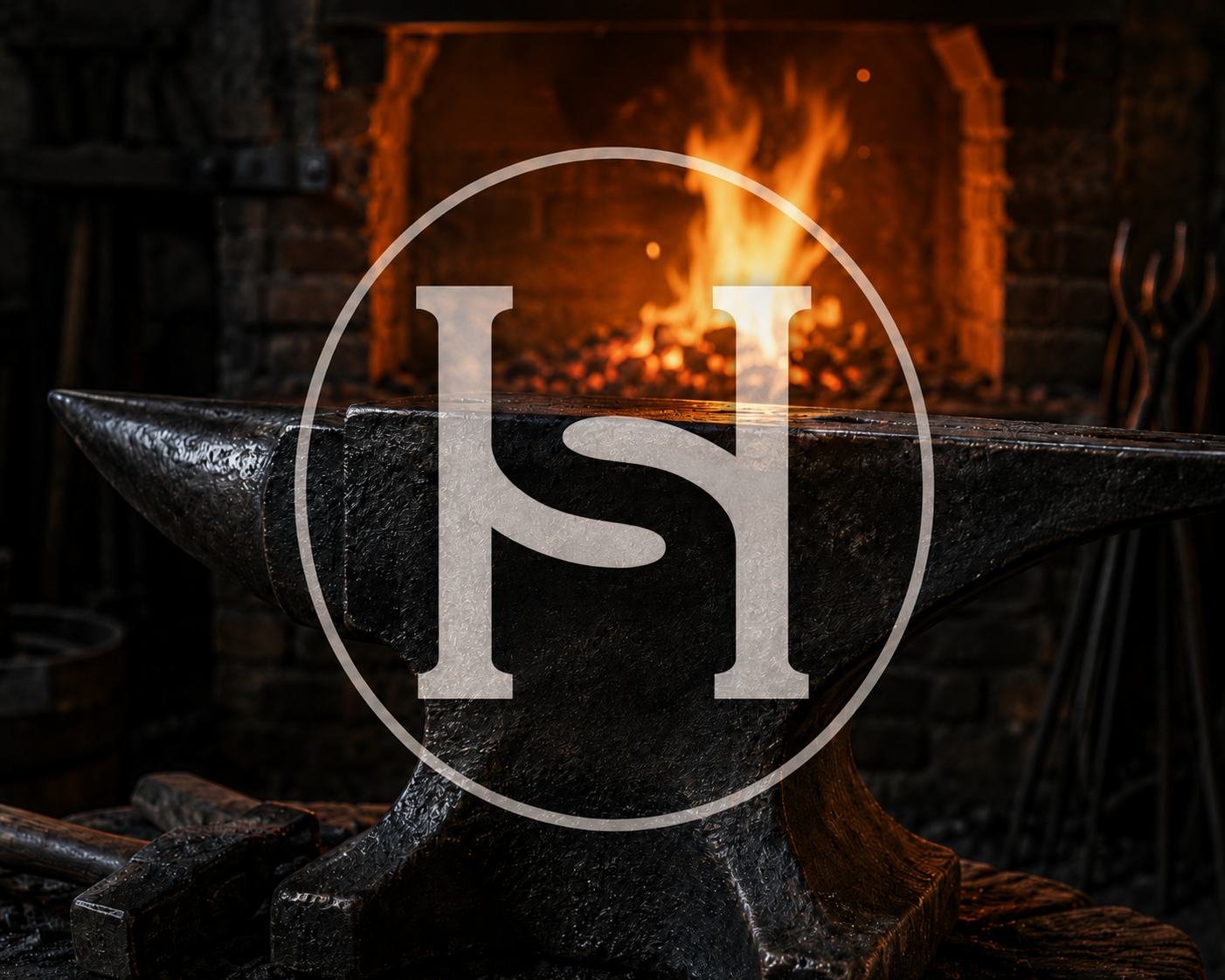Blacksmithing anvil in front of a forge with glowing fire inside.