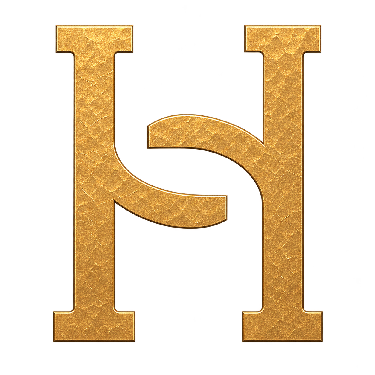 Gold-colored letter H with a textured surface, outlined in dark brown, and a red background.
