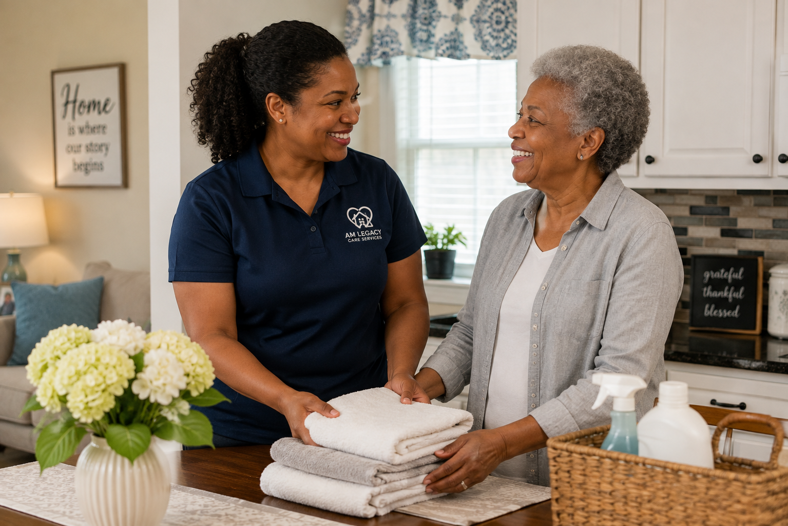 A care worker and an elderly woman smiling and exchanging towels in a kitchen with flowers and cleaning supplies on the table.