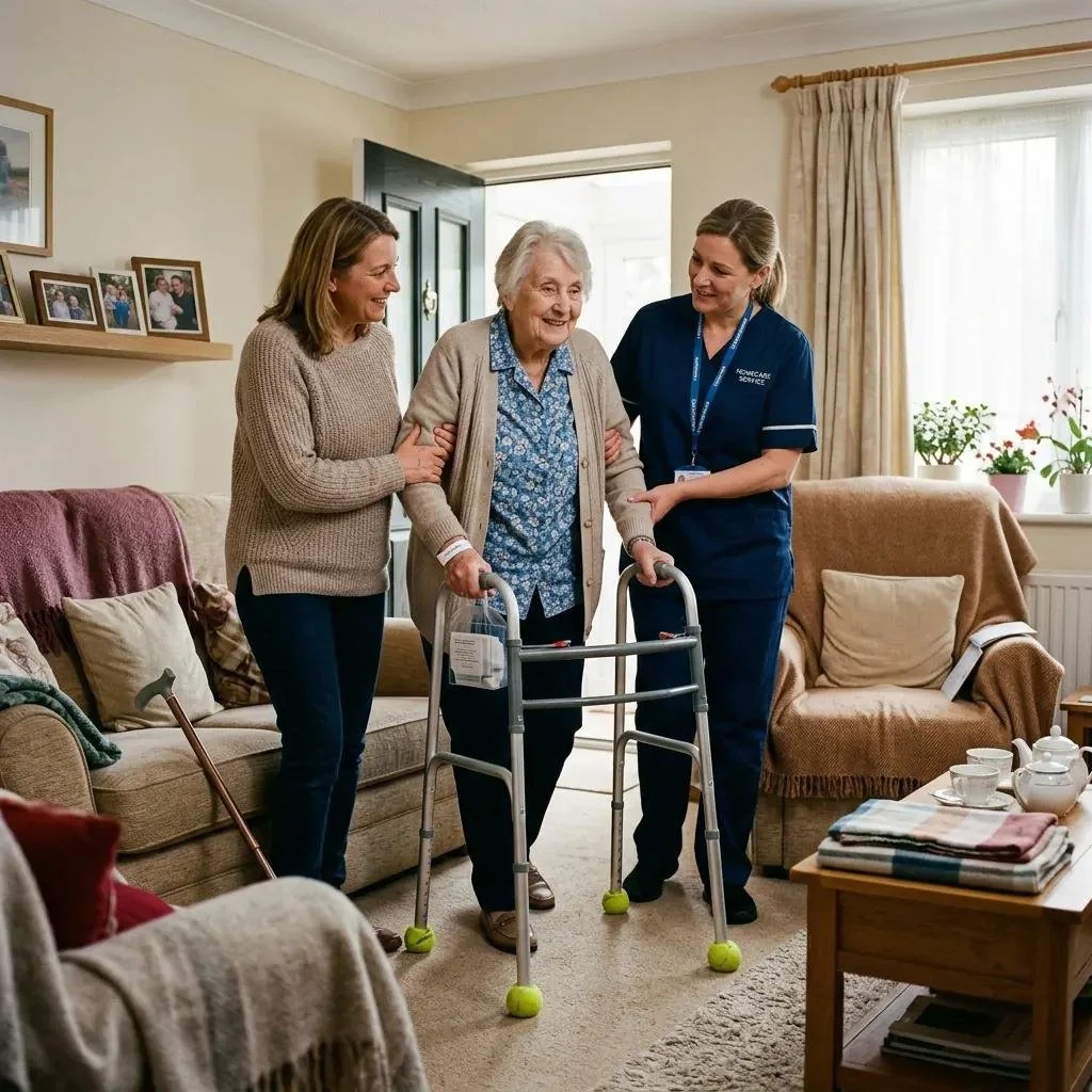 An elderly woman using a walker supported by two women, one in a sweater and the other in a uniform, inside a cozy living room with framed photos on the wall, sofas, and curtains.