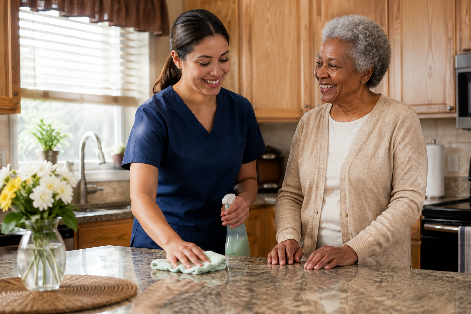 A young woman in blue scrubs polishing a kitchen countertop while smiling at an elderly woman in a beige cardigan, in a kitchen with wooden cabinets and a window with blinds.
