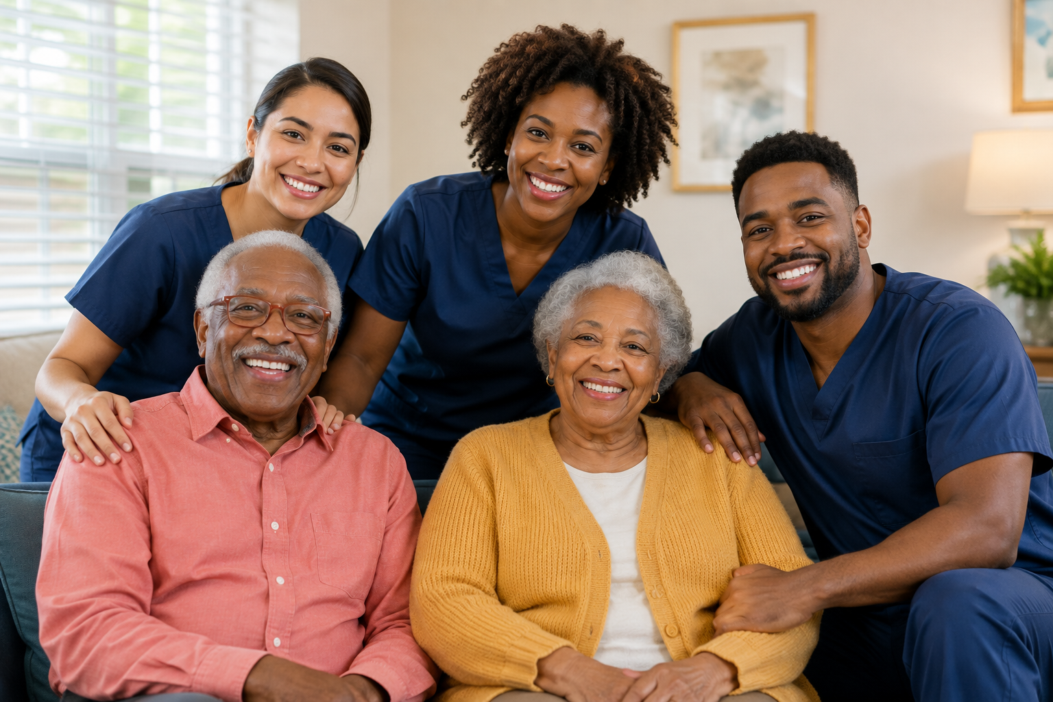 Healthcare professionals and elderly family members smiling together in a living room.