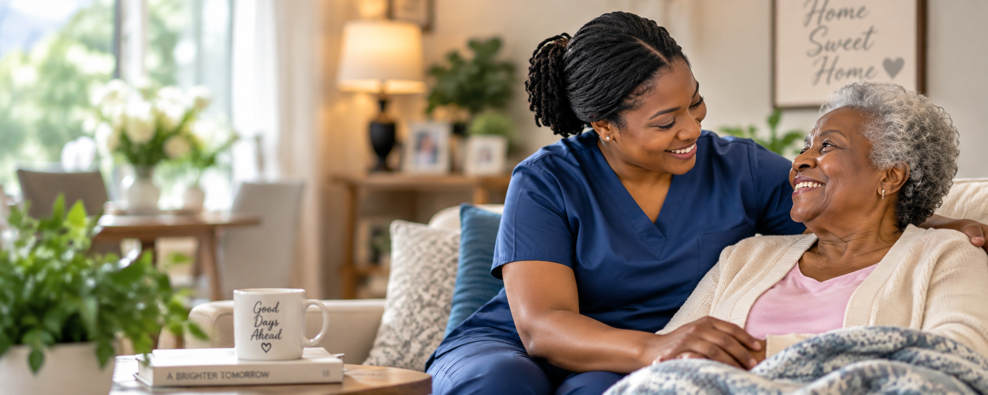 A young female healthcare worker in navy scrubs smiling and holding hands with an elderly woman with gray hair, sitting on a beige sofa in a cozy living room. The room has a bright and warm ambiance with a lamp, framed photos, a large sign that says 'Home Sweet Home,' and a table with a mug that says 'Good Days Ahead' and a book titled 'A Brighter Tomorrow.'