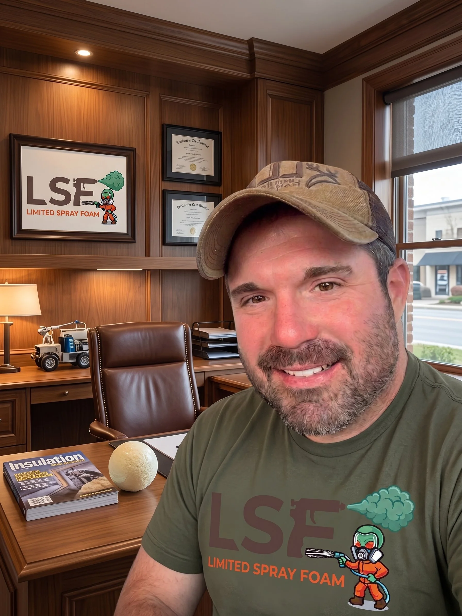 A smiling man wearing a camouflage cap and a green T-shirt with a spray foam logo, in an office setting with wood-paneled walls, a window, framed certificates, a globe ornament, a magazine titled "Insulation," and a model of a robot