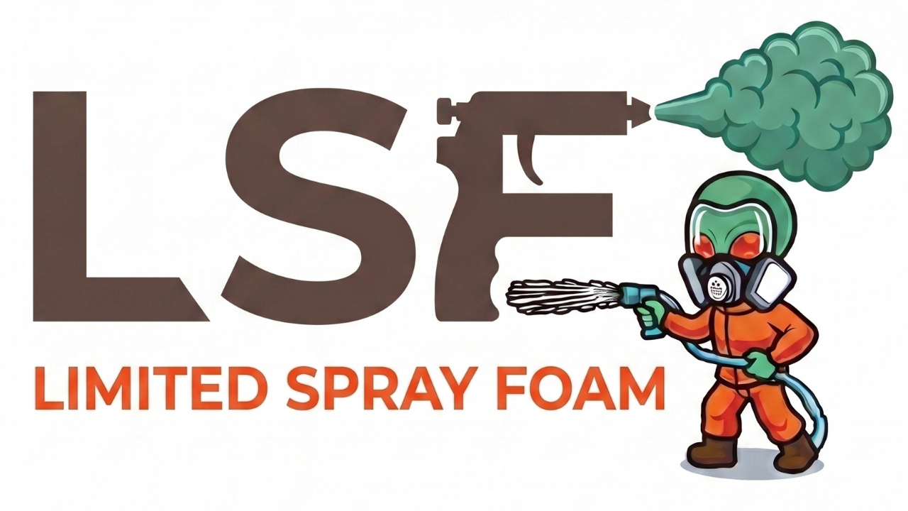 A graphic with the text 'LST LIMITED SPRAY FOAM' and an illustration of a person wearing protective gear, including a mask and helmet, holding a spray foam gun with green spray foam coming out of the gun.