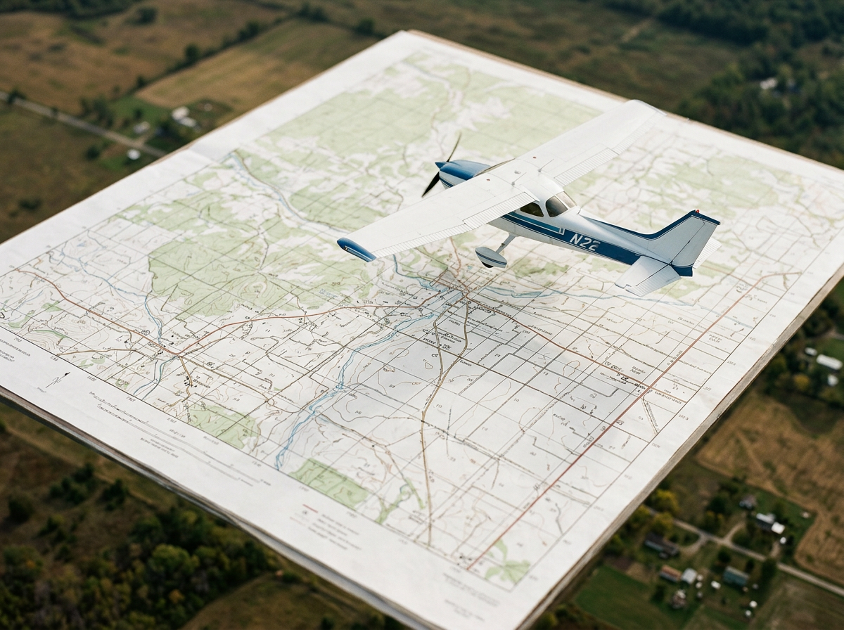 Model airplane flying over a large map laid on the ground in an outdoor setting.