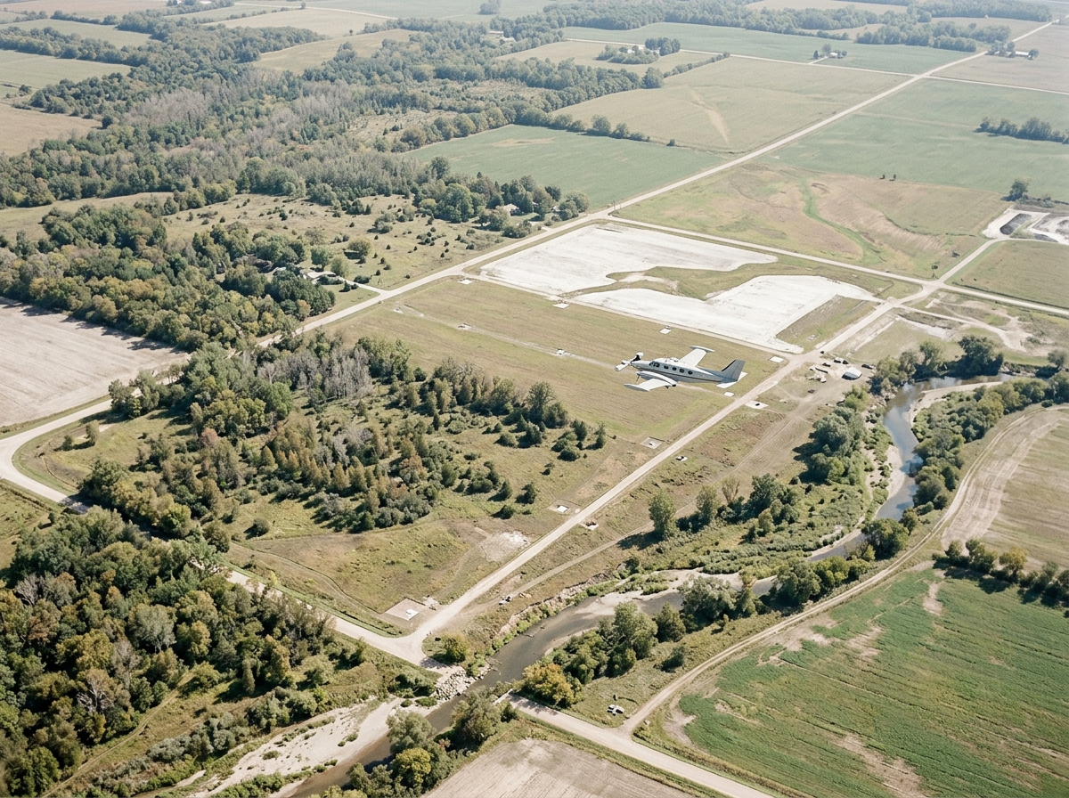 Aerial view of a rural area with orchards, farmland, roads, a small airplane on a runway or landing strip, and a river flowing through the landscape.