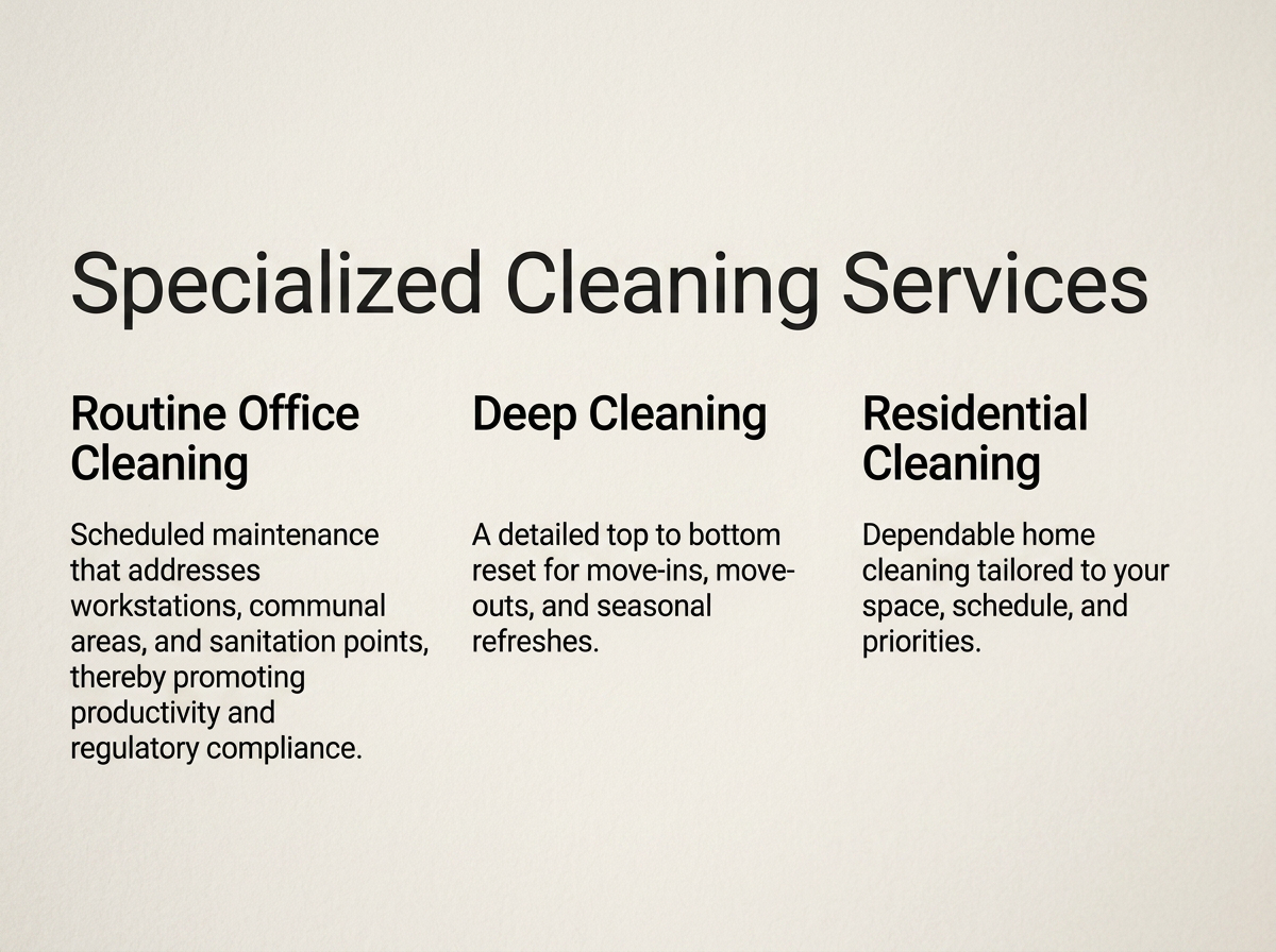 Text on a beige background listing specialized cleaning services: Routine Office Cleaning, Deep Cleaning, Residential Cleaning, with descriptions of each service.