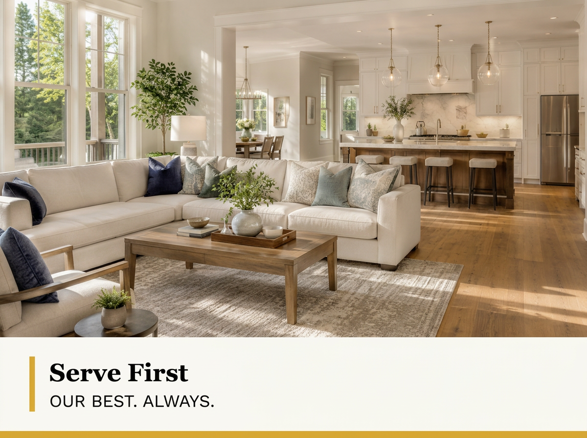 Bright and spacious living room with large windows, white sofa with navy and patterned throw pillows, wooden coffee table with vases and books, adjacent open kitchen with white cabinets, marble backsplash, and a kitchen island with bar stools, wooden flooring, and green plants.