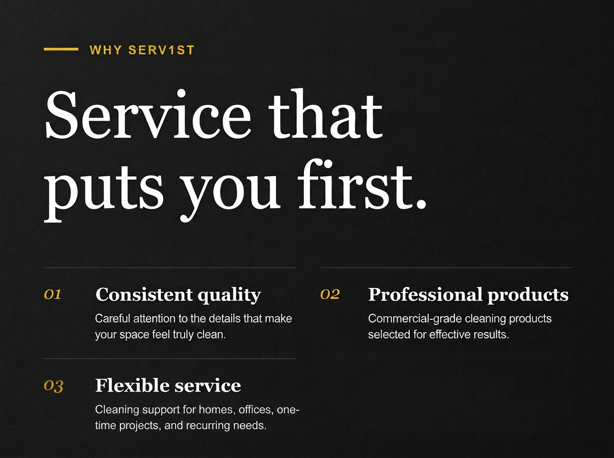 A promotional flyer for a cleaning service with the title 'Service that puts you first' and three features listed: consistent quality, professional products, and flexible service.