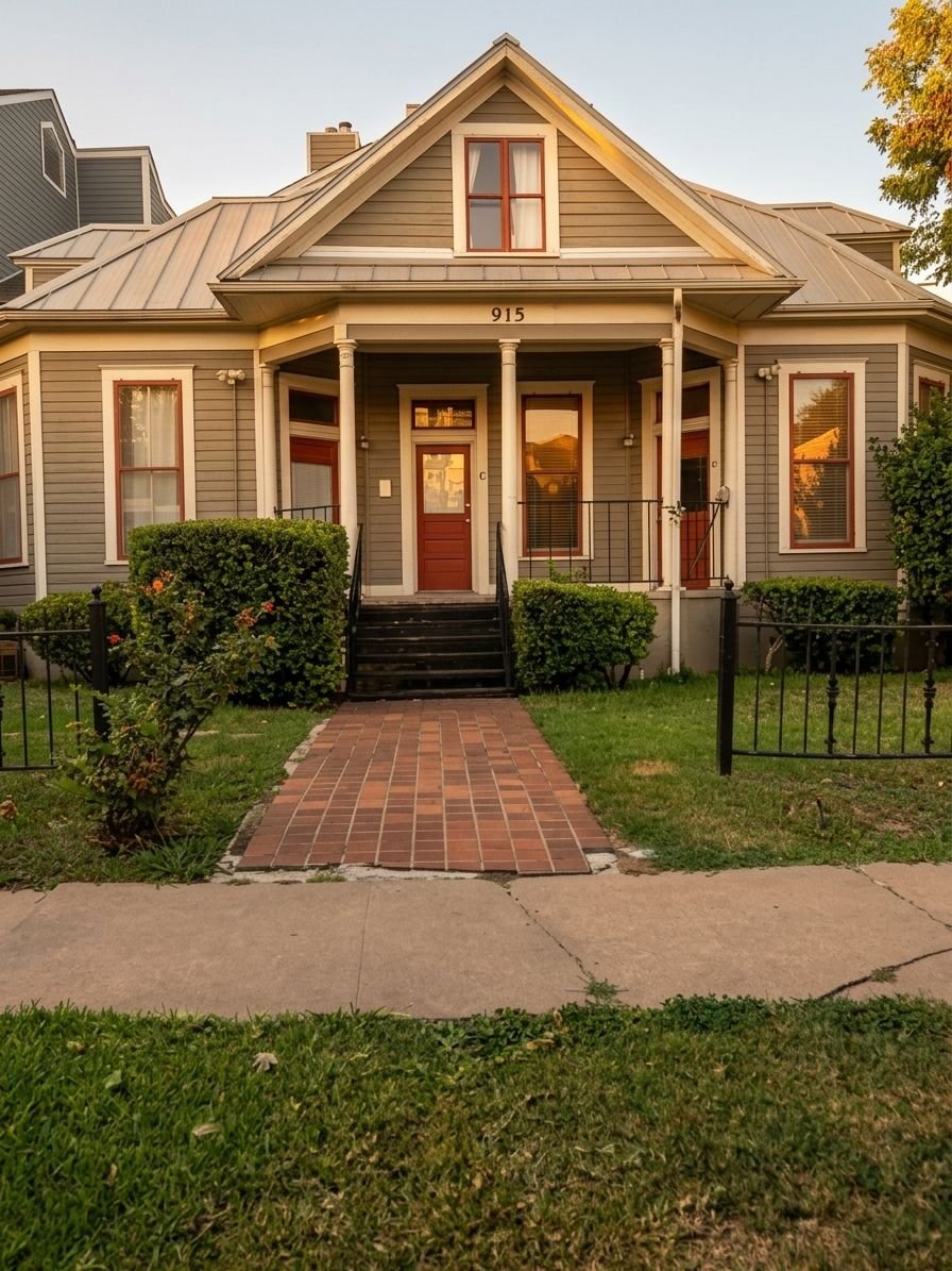 A two-story gray house with a front porch, red door, and brown-shingled roof, surrounded by a small front yard with bushes and a brick pathway leading to the stairs.