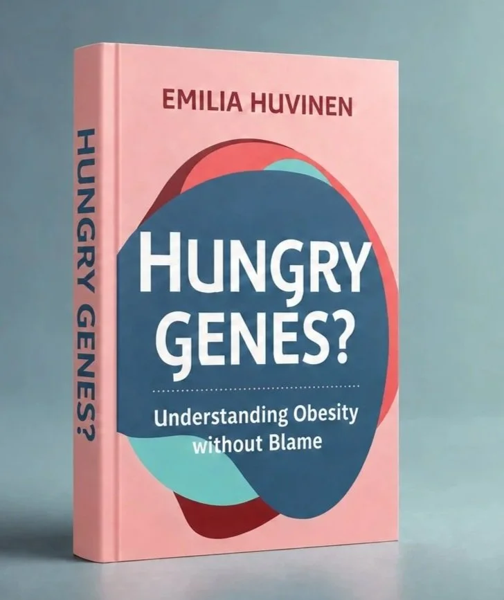 A pink book titled "Hungry Genes? Understanding Obesity without Blame" by Emilia Huvinen. The cover features abstract shapes in red, blue, and teal colors.