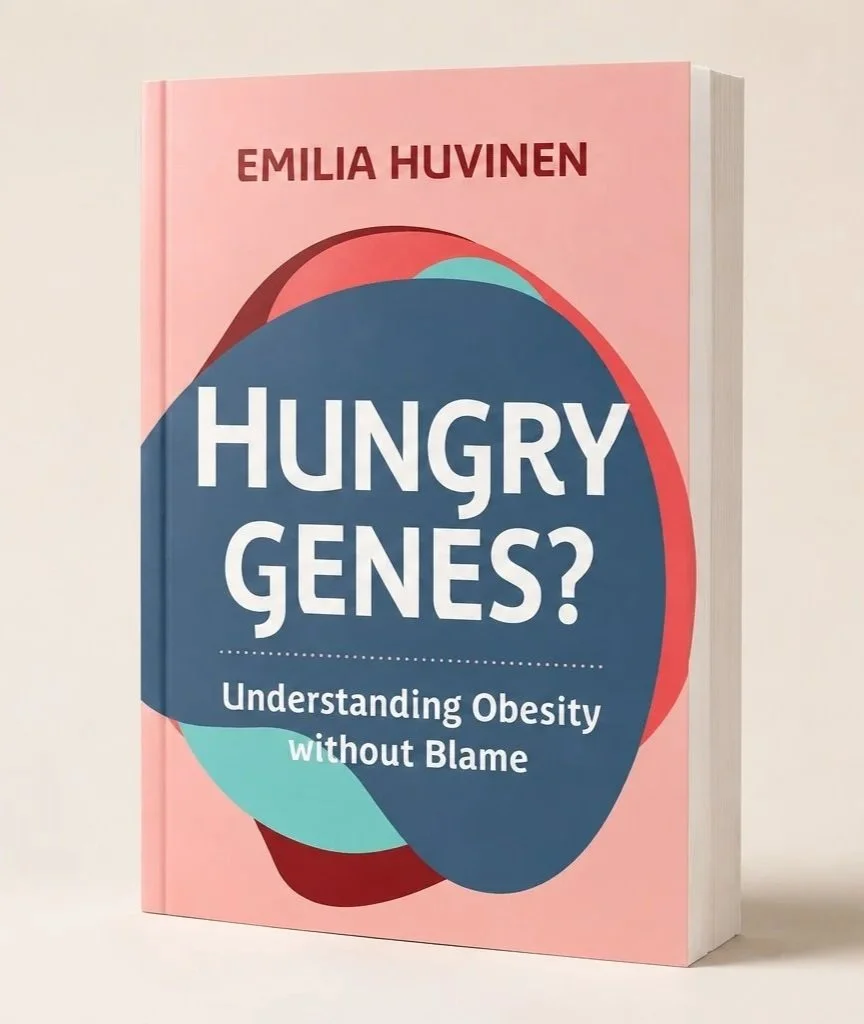 Book cover titled "Hungry Genes?" by Emilia Huvinen, with a subtitle "Understanding Obesity without Blame" on a pink and blue abstract background.