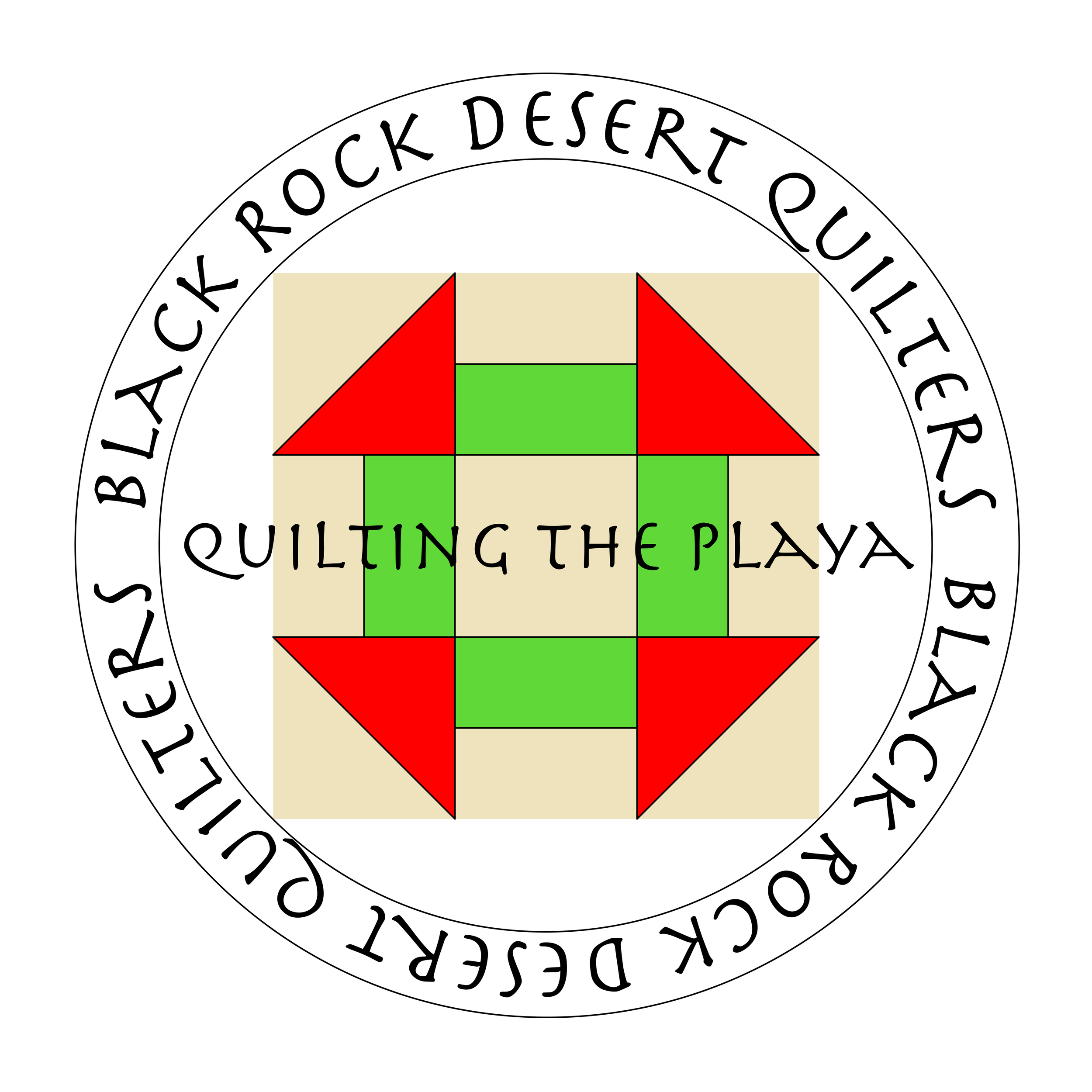 Close-up of a circular quilting pattern with the phrase 'Back Desert Quilt' around the edge and a design of red and green hills and trees in the center.