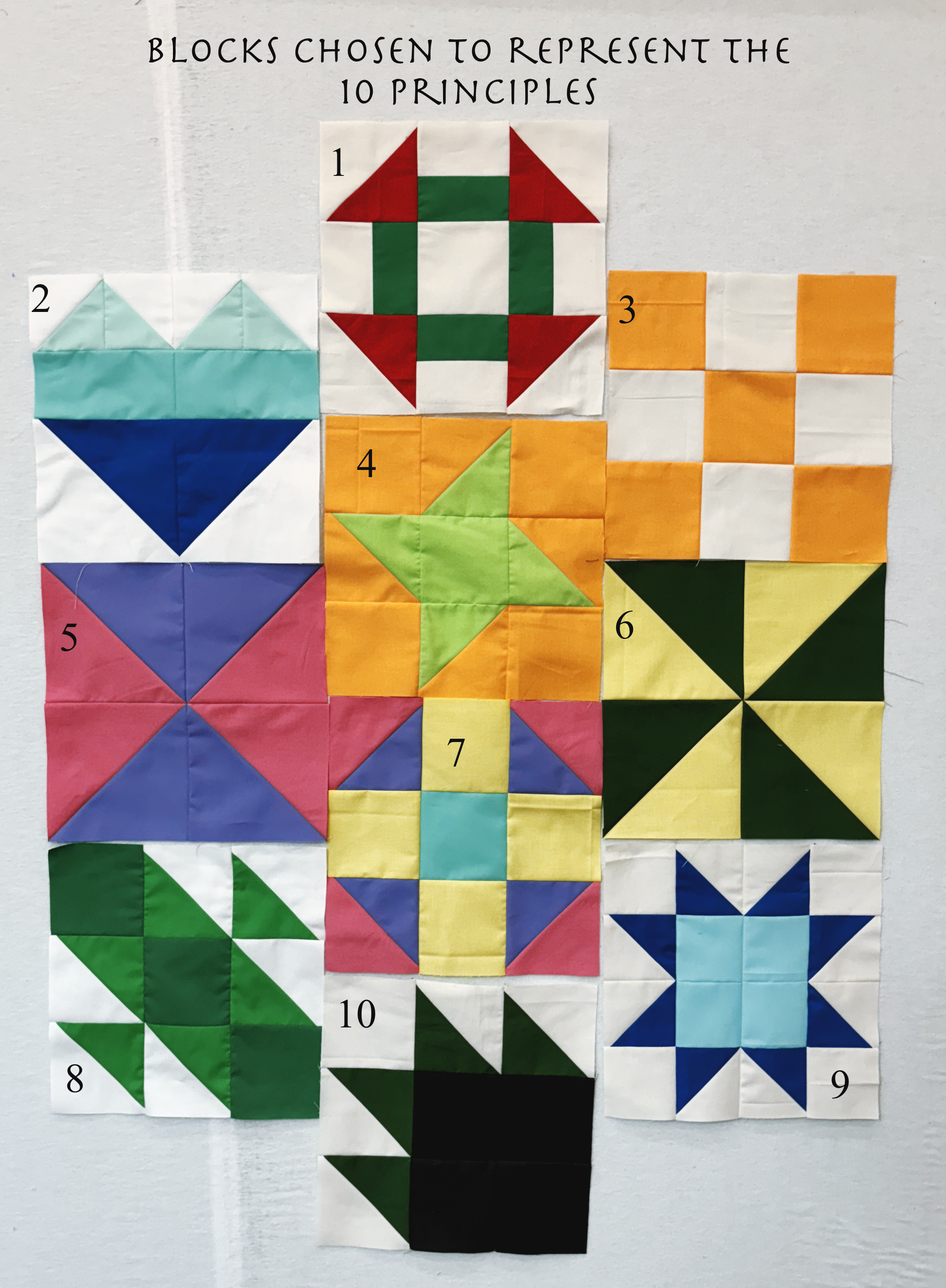 A display of ten quilt blocks, each with different geometric patterns and colors, labeled from 1 to 10, with a heading indicating they represent the ten principles.