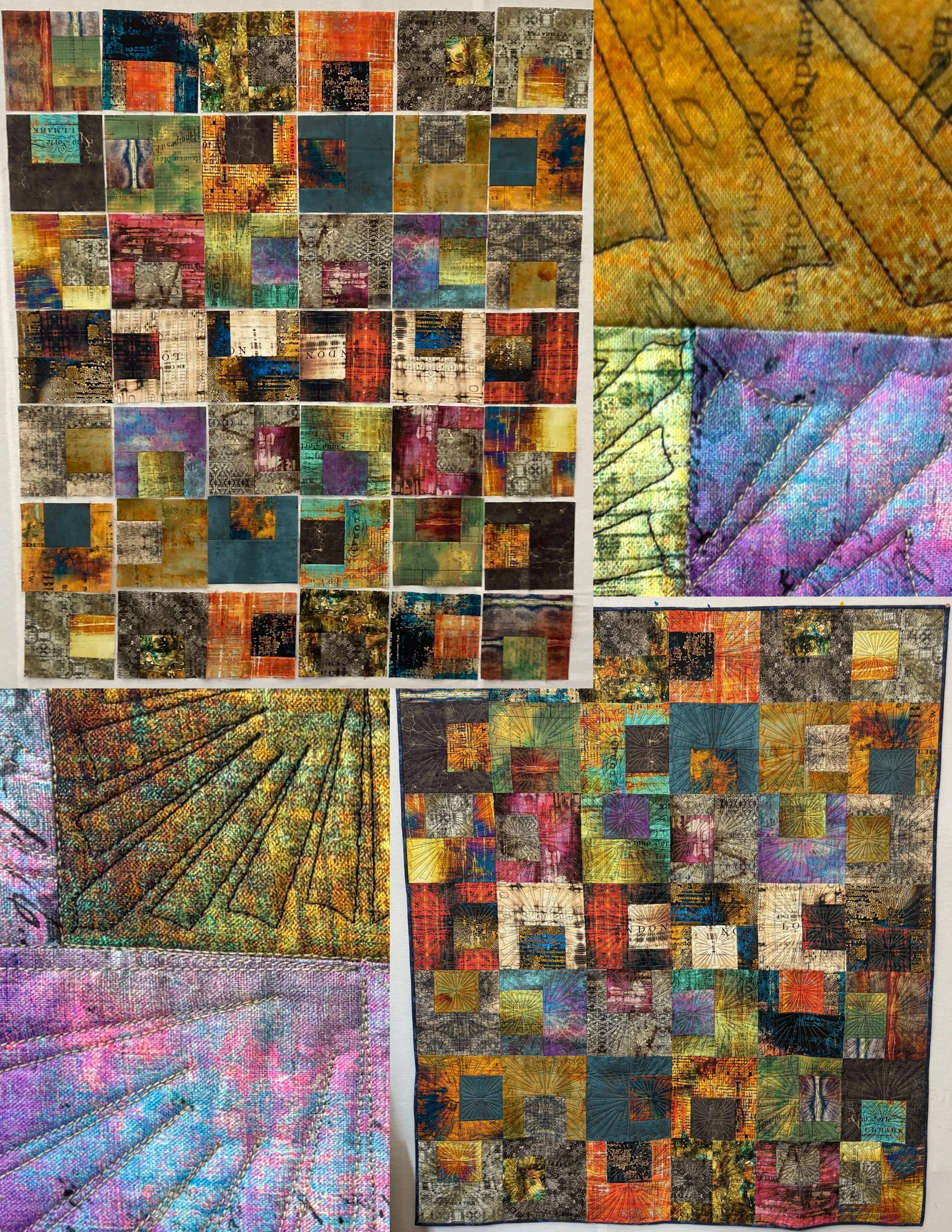 Close-up of a colorful, abstract art collage composed of numerous small, vibrant panels featuring various patterns, textures, and colors, including shades of yellow, orange, red, purple, blue, and black.