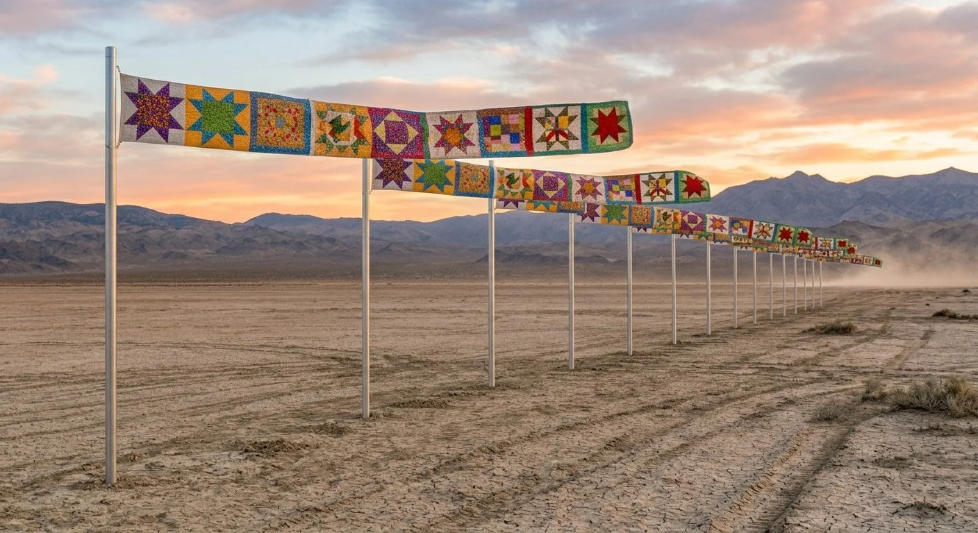 Colorful patchwork quilt banners hanging on poles in a desert landscape at sunset with mountains in the background.