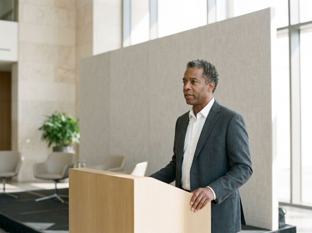 A man in a suit giving a speech at a podium in a modern, well-lit conference room with chairs and a plant in the background.