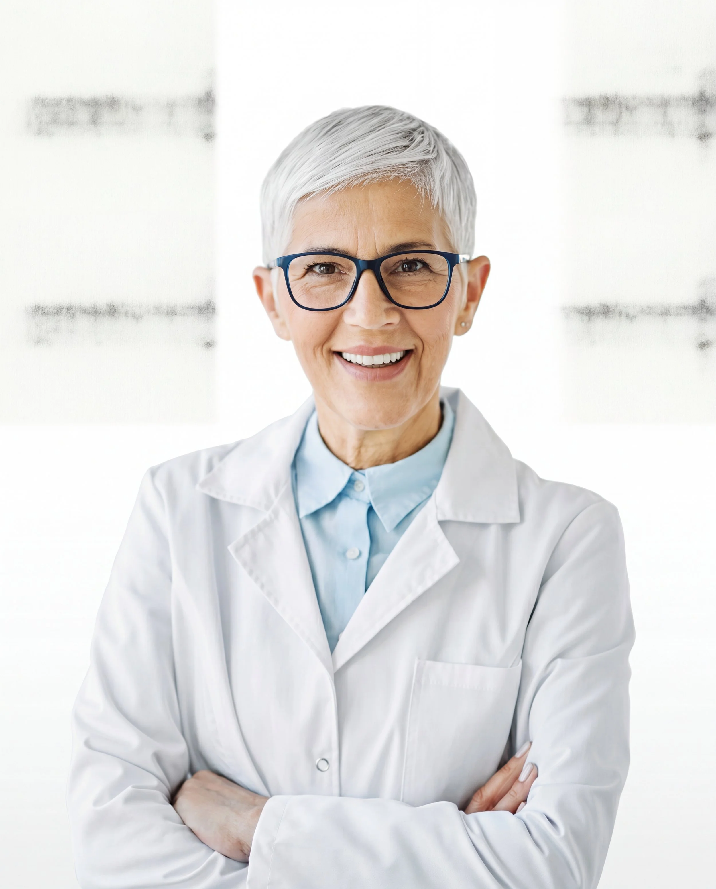 Smiling older woman with short gray hair and glasses wearing a white lab coat standing against a white background.