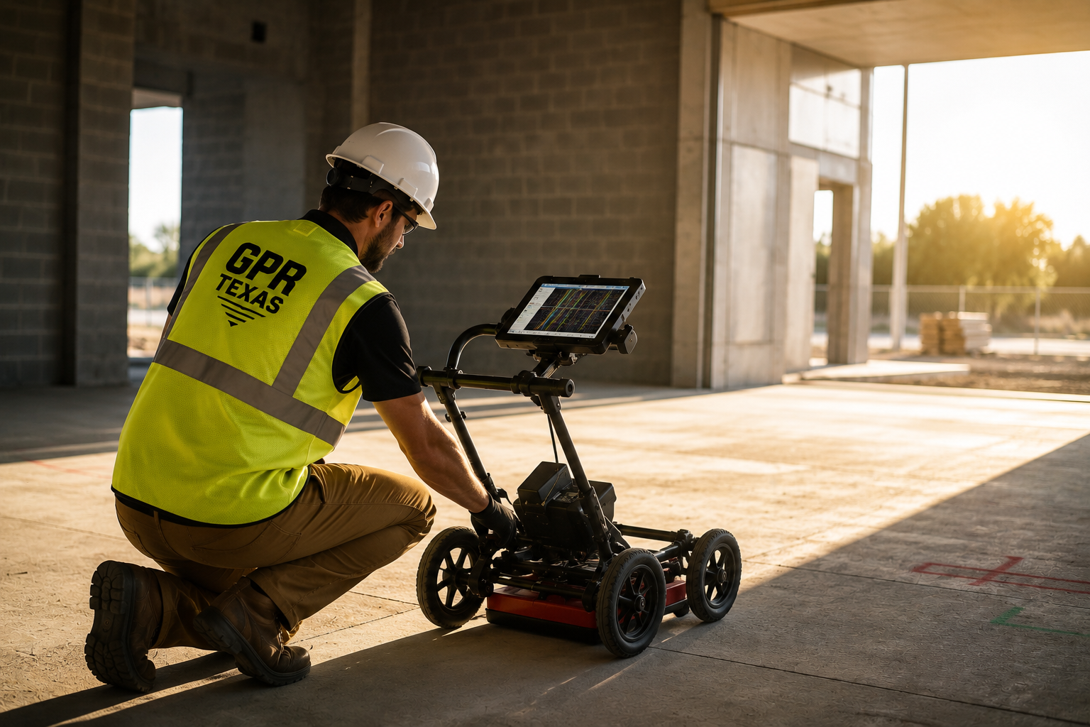 A construction worker kneels next to a robotic device inside a building under construction, with sunlight streaming in.