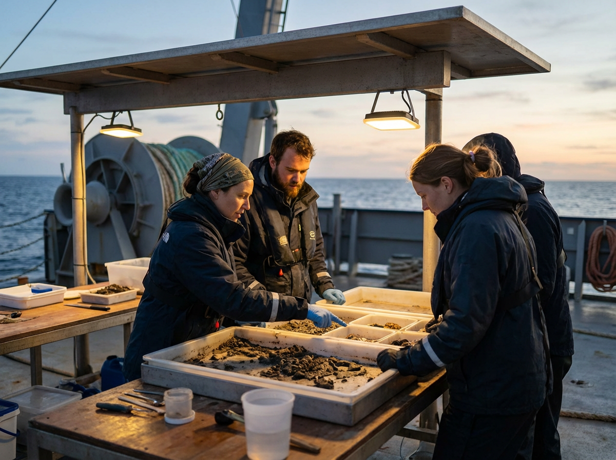 Scientists working on a research project on a boat at sea during sunset, examining samples in trays.