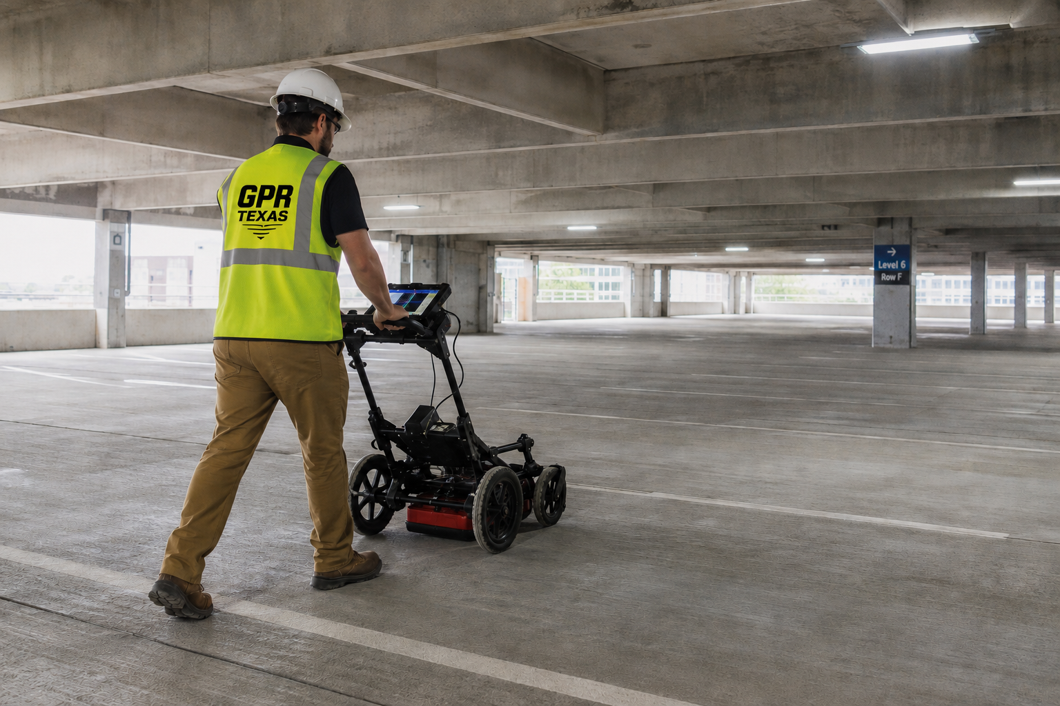 A man wearing a safety vest and helmet is operating a ground-penetrating radar device in an empty multi-level parking garage.