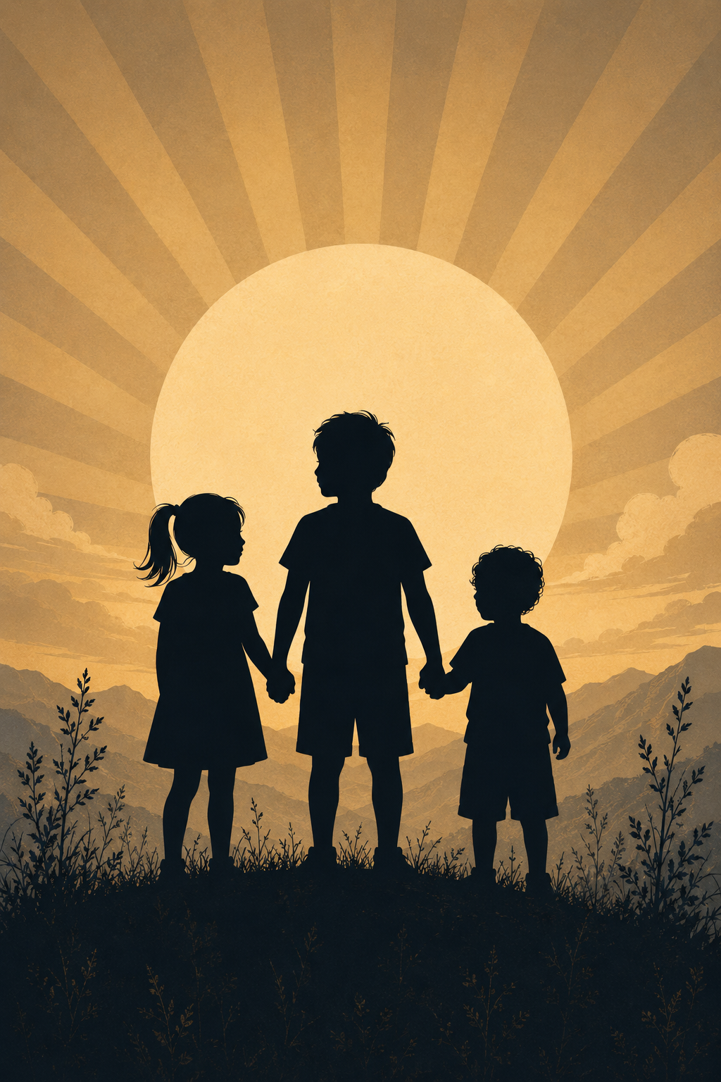 Silhouettes of three children holding hands against a sunset with mountains in the background.