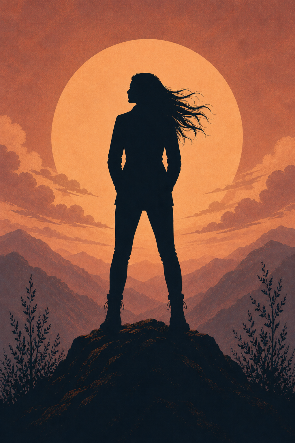 Silhouette of a woman with long hair standing on a rocky peak against a large orange sun, mountain range, and clouds at sunset.