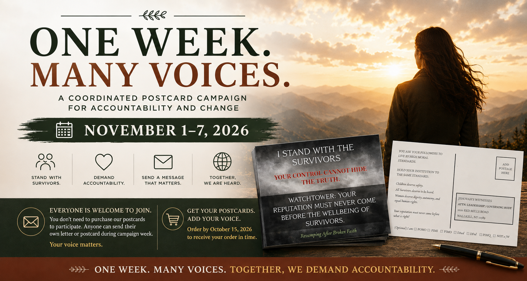 A poster promoting a postcard campaign focused on accountability and change from November 1 to 7, 2026, with a woman looking at a sunset over mountains, and postcards with messages supporting survivors and accountability.