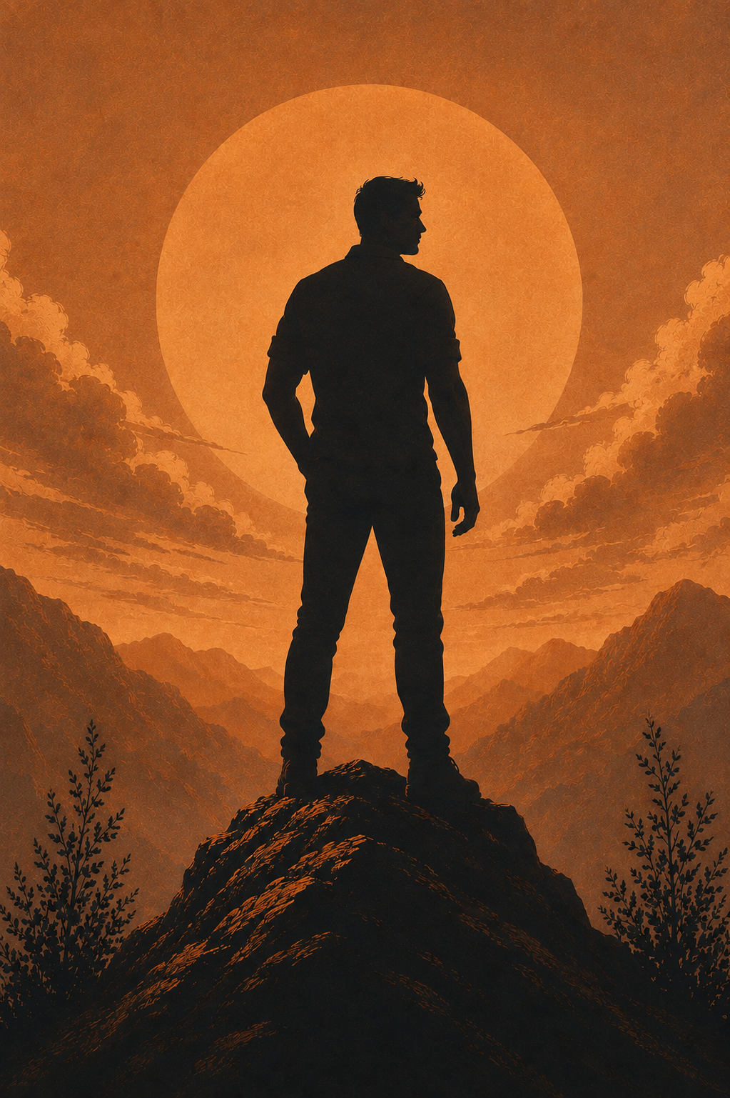 Silhouette of a man standing on a rocky peak with a large full moon and mountainous landscape in the background, during sunset or sunrise.