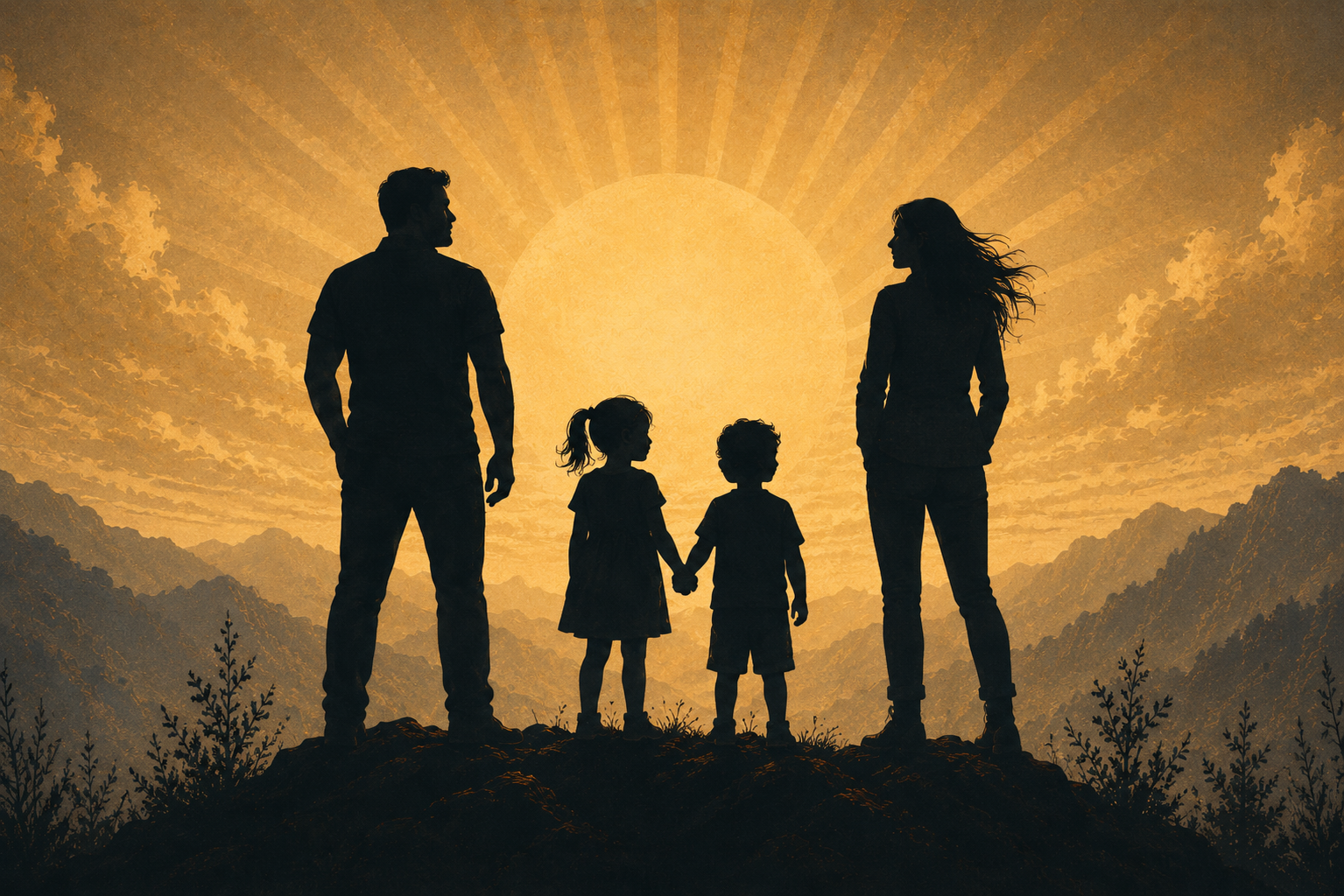 Silhouetted family of four standing on a mountain, holding hands, with a sunset in the background.