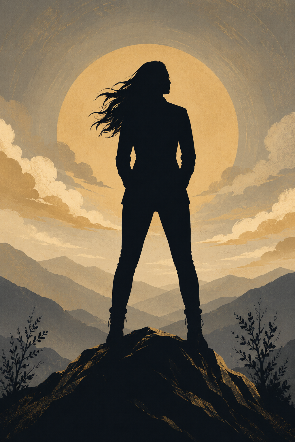 Silhouette of a woman standing on a rocky mountain summit with hands in pockets, overlooking mountains at sunset, with clouds and a large sun or moon in the background.