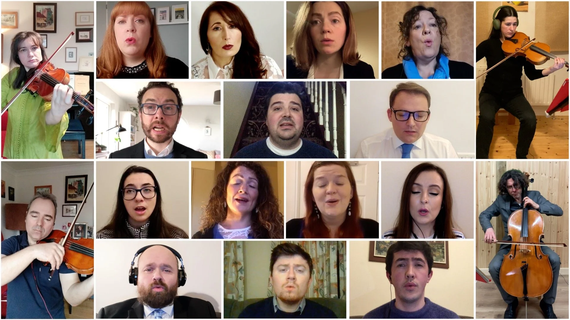 Collage of people singing and playing musical instruments in a video call, including violinists, cellists, and vocalists.