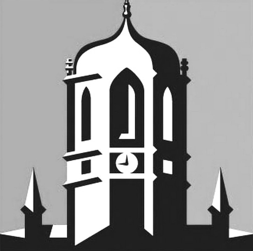 Black and white silhouette of a clock tower with architectural details, set against a gray background.