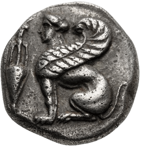 Ancient silver coin featuring a snake coiled around a human figure, possibly a deity or mythological character, with an inscription or design to the left.