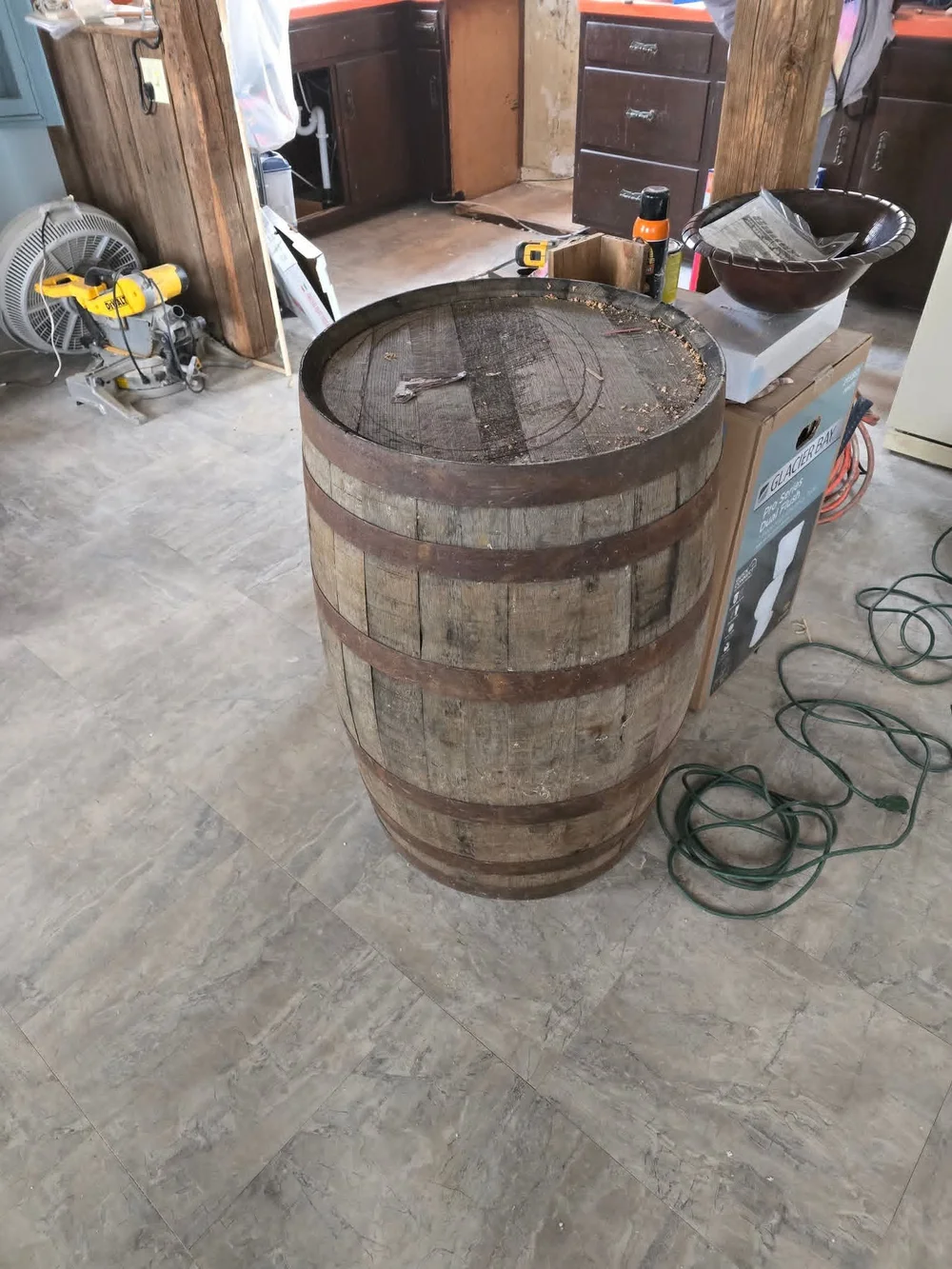 The barrel before the sink was fitted, with the bowl beside it.