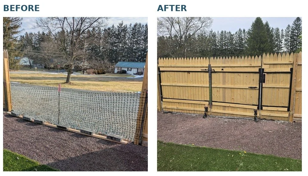 Before and after custom wooden double gate installation