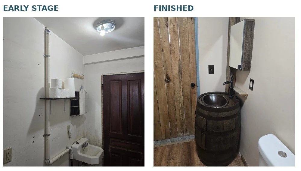 Farmhouse bathroom renovation: early construction-stage sink wall and finished barrel sink